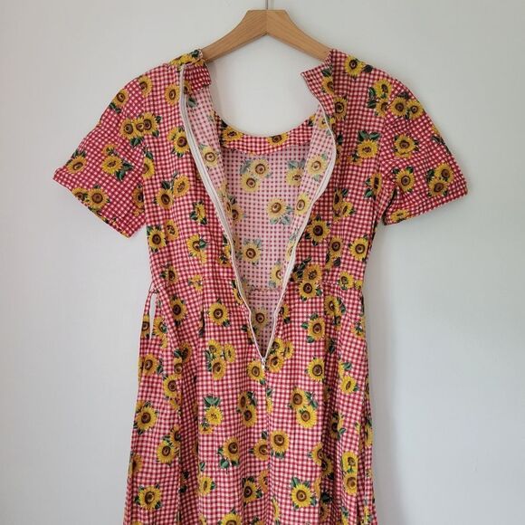 Handsewn Red Gingham Sunflower Midi Dress Pleated Scoop Neck M - Picture 7 of 8
